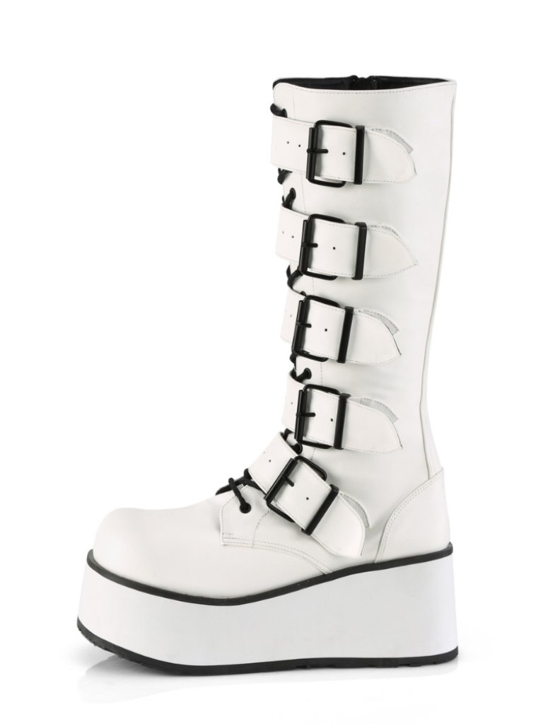 White Vegan Leather Lace-Up Knee High Boots With Buckle Straps